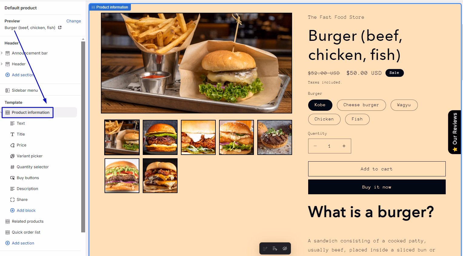 Under the Template area, click on the Product information section.